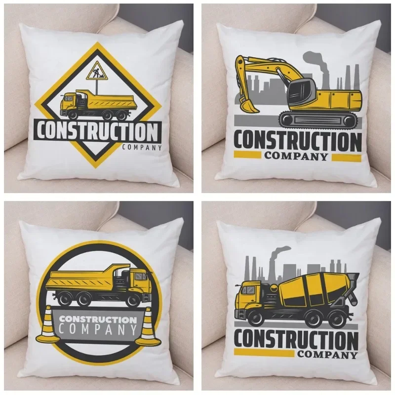 Construction Car Cushion Cover for Sofa Home Children Room Decor Cartoon Excavator Bulldozer Pillowcase Soft  Pillow Case