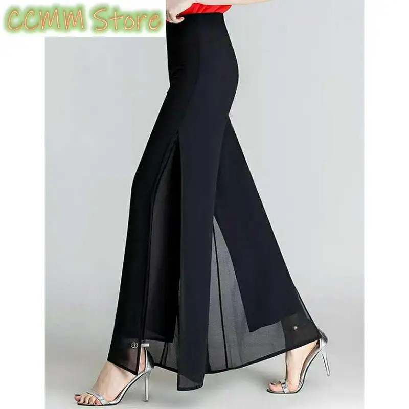 Fashion Split Fork Elegant Solid Color Dance Pants Summer Women Clothing Casual All-match High Waist Chiffon Wide Leg Trousers