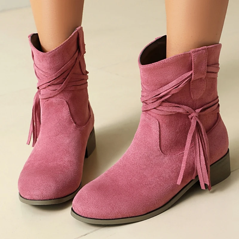

Pink Ankle Boots for Women Winter Autumn Shoes 2025 Tassel Black Blue Short Boot Faxu Suede Footwear Shoes Ladies Big Size 46 50