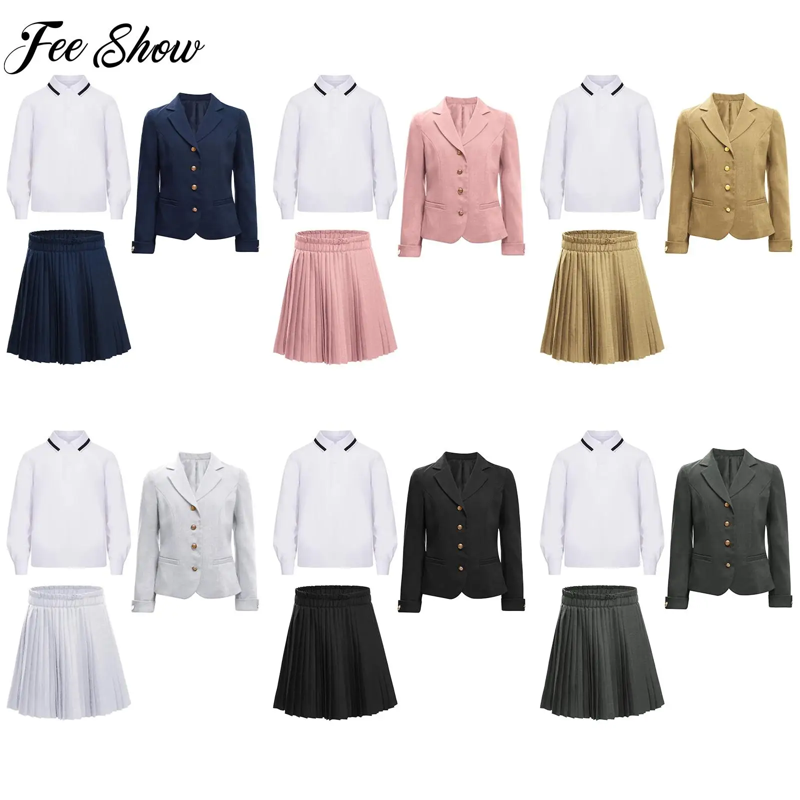 

2025 Kids Girls School Uniform Lapel Button Down Suit Jacket+Pleated Skirt+Long Sleeve Pullover Shirt Formal Graduation Outfits