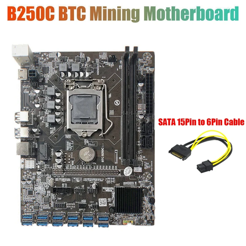 

B250C Материнская плата для майнинга + кабель SATA 15-6-контактный 12 слотов PCIE к USB3.0 для графического процессора LGA1151 Поддержка DDR4 DIMM RAM для BTC Miner