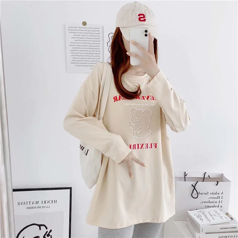 

Breastfeeding Dress Pregnant Women Spring &Autumn Long Sleeved T-shirt Loose Medium Length Feeding Clothing Maternity Clothes