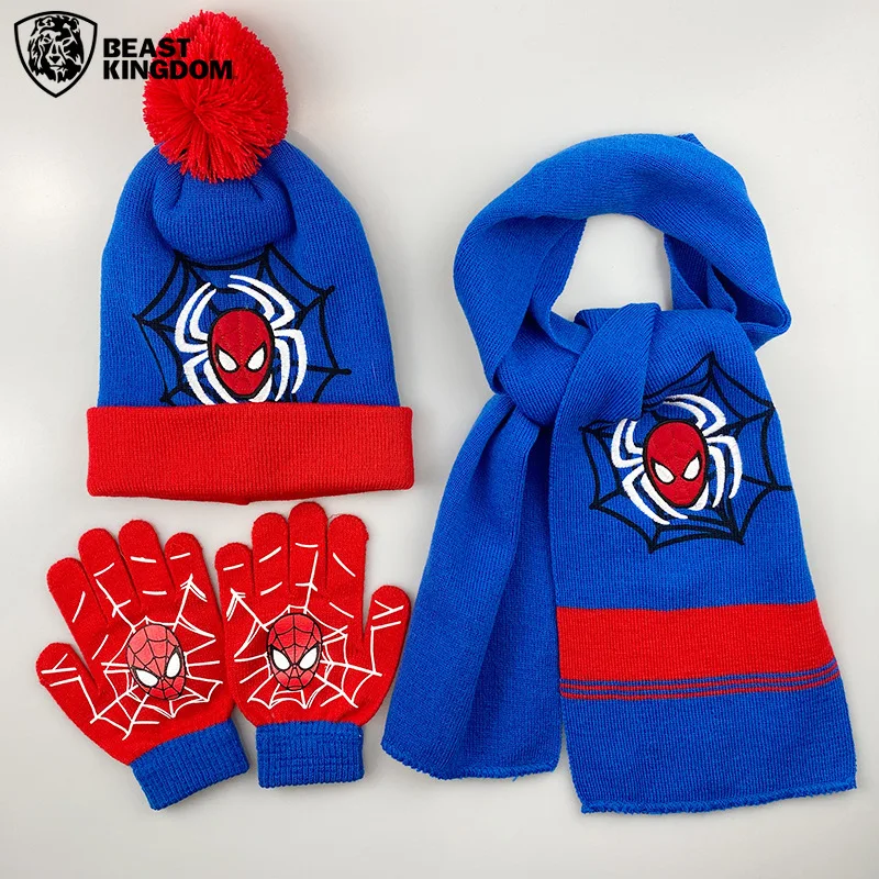 Spiderman Thermal Set Superhero Hat Scarf Gloves 3 Pcs Knitted Suit Autumn Winter Warm Neck Cartoon Boy Girl Pullover Hat Gifts