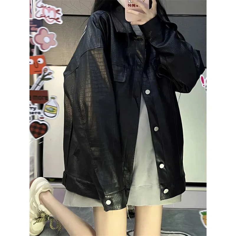 2023 Spring Autumn New High Street Metal Buckle Suede Jacket Coat Women's College Style Personalized Chain Baseball Suit Leather