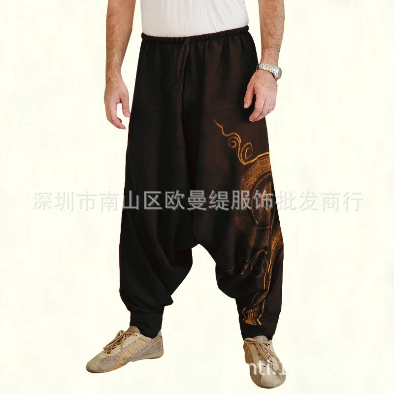 Men Fashion Cross-Pants Casual Baggy Pants Hippie Hip-hop Yoga Vintage Print Elastic Waist Large Size Summer Trouser Streetwear