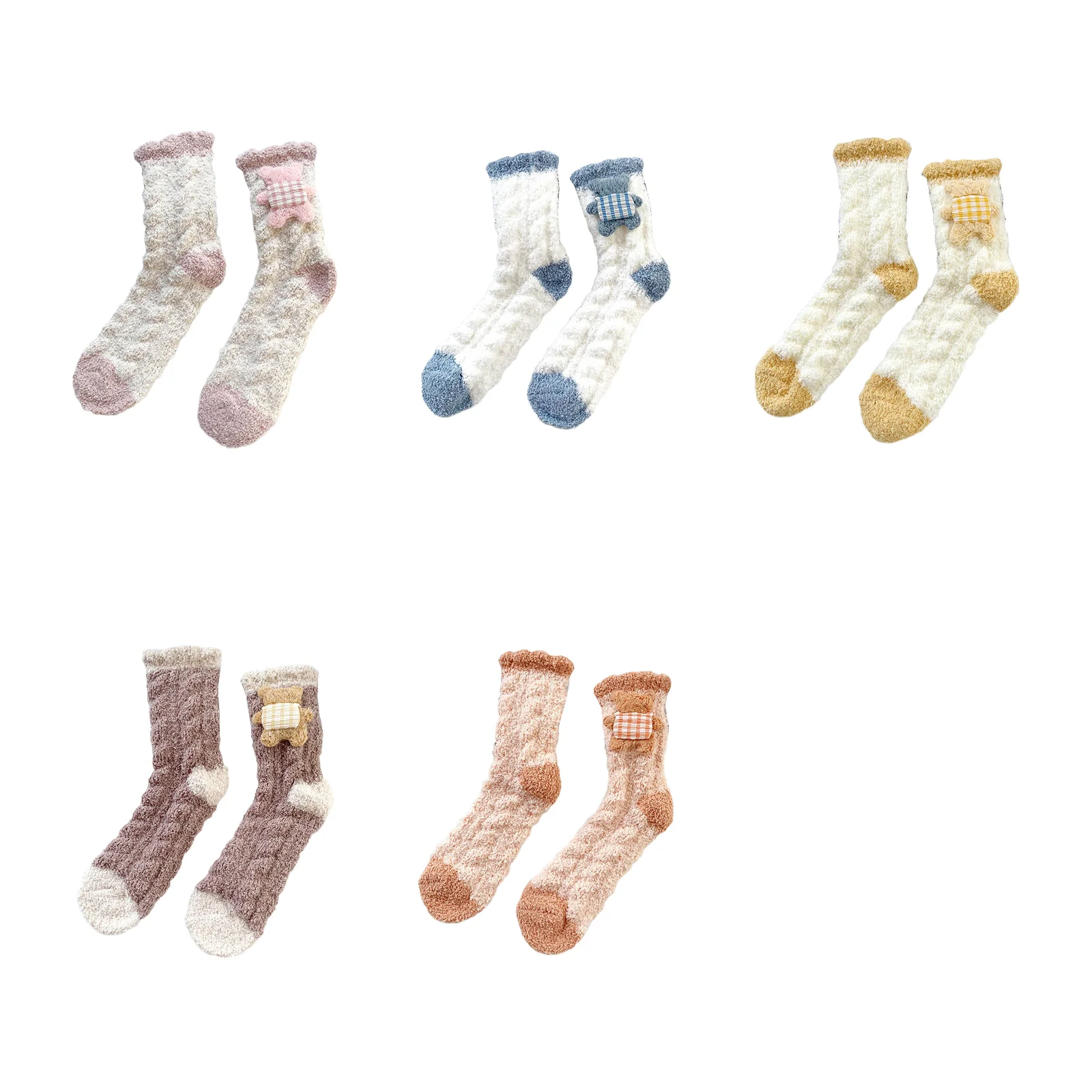 

Набор из 5 пар носков с объемными мультяшными медведями из кораллового велюра (по 1 паре каждого цвета: розовый/синий/желтый/кофейный/оранжевый)