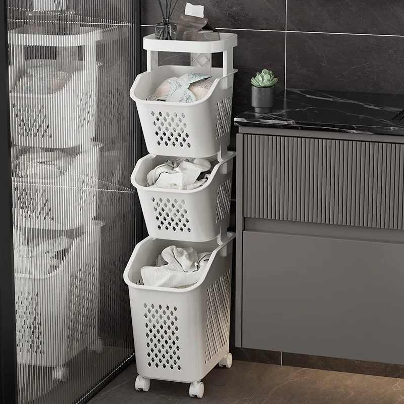 Laundry Basket with Wheels Multi-Tier Dirty Clothes Hamper Laundry Trolley Bathroom Organizer Toilet Rolling Storage Rack