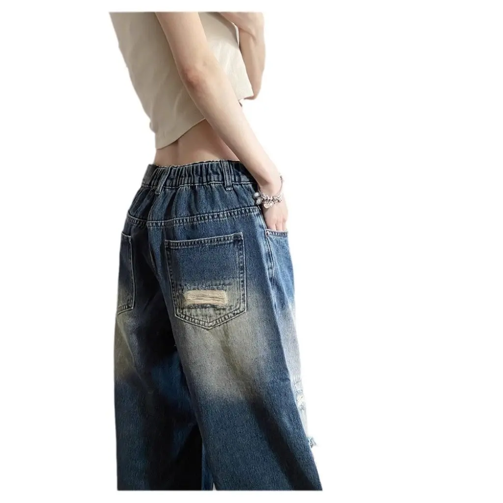 

Женские рваные широкие джинсы, весна-осень, свободные прямые брюки в стиле ретро, модный бренд, красивый американский стиль