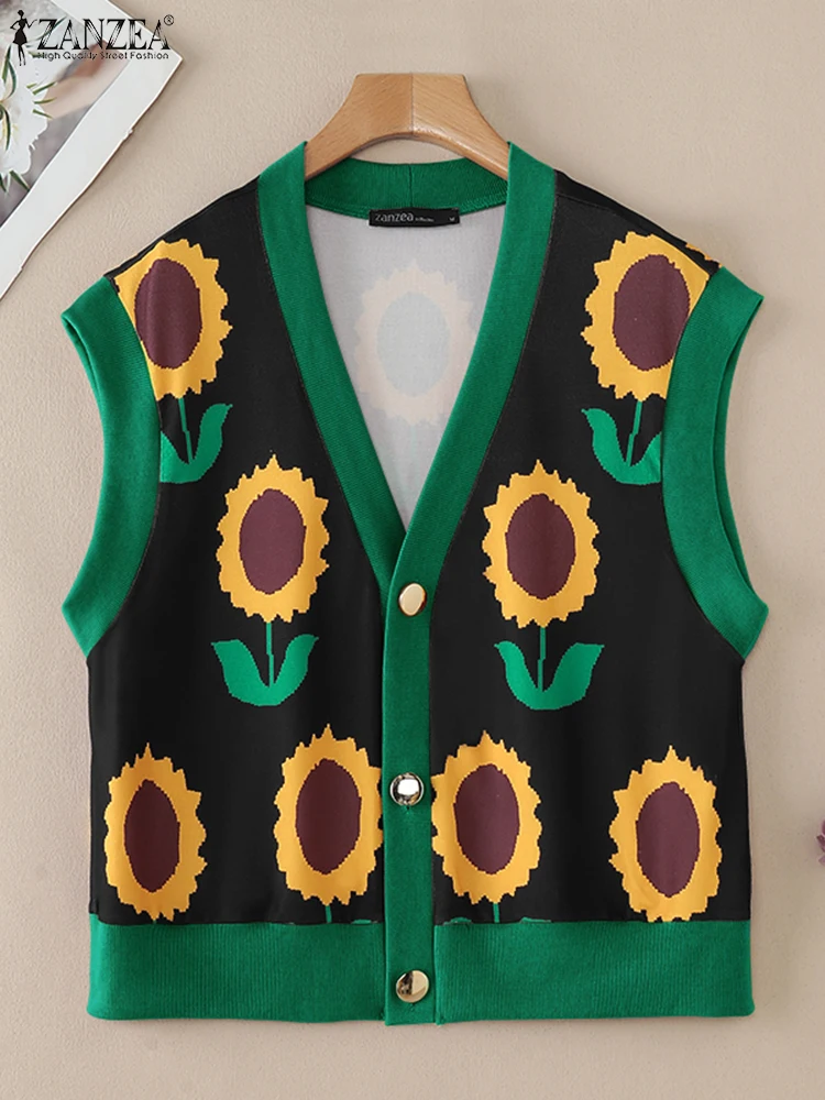 

ZANZEA Holiday V-neck Buttons Tank Coat Elegant Retro Vest 2025 Autumn Floral Printed Waistcoat Women Sleeveless Short Vests