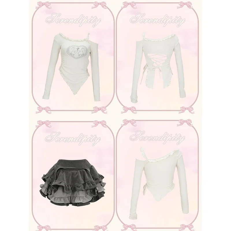 Kawaii Y2K donna 2 pezzi set dolce Sexy Slim camicie gotiche manica lunga top Mini Tutu gonne eleganti abiti Lolita 2023 nuovo