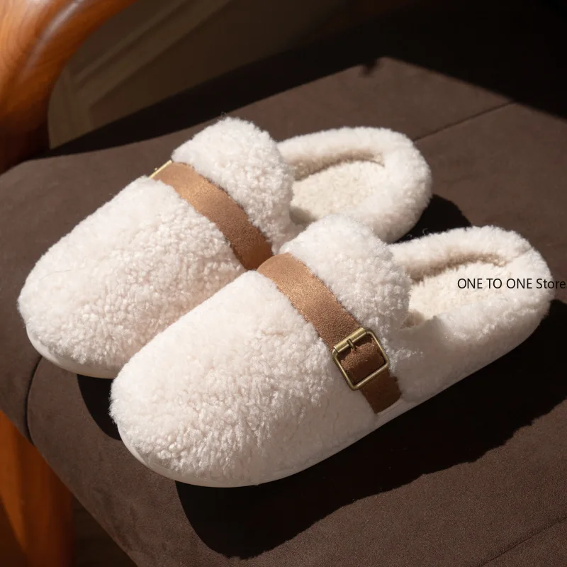 

New Simple Belt Buckle Versatile Slippers Women's Autumn and Winter Couples Home Velvet Warm Non-slip Cotton Slippers Men