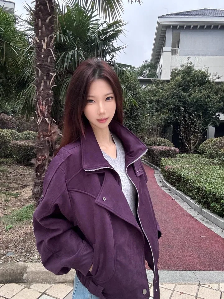 

Модная свободная замшевая куртка для женщин, осенне-зимняя новинка, повседневная мотоциклетная одежда, фиолетовый цвет, теплая утепленная модель