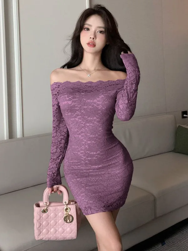 Women gaga mesh süßes mini kleid sexy würziges mädchen eine schulter spitze schiere kleid elegante büro dame koreanische herbst oberteile gtp8