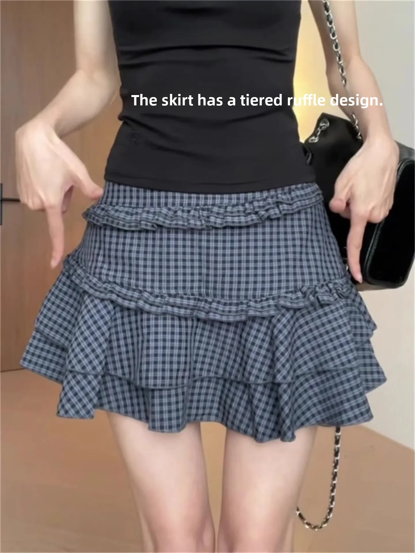 

Low Waist A-Line Skirt with Ruffle Design Plaid Patterned Women's Spring New Style Slimming Skirt Korean Style Commute