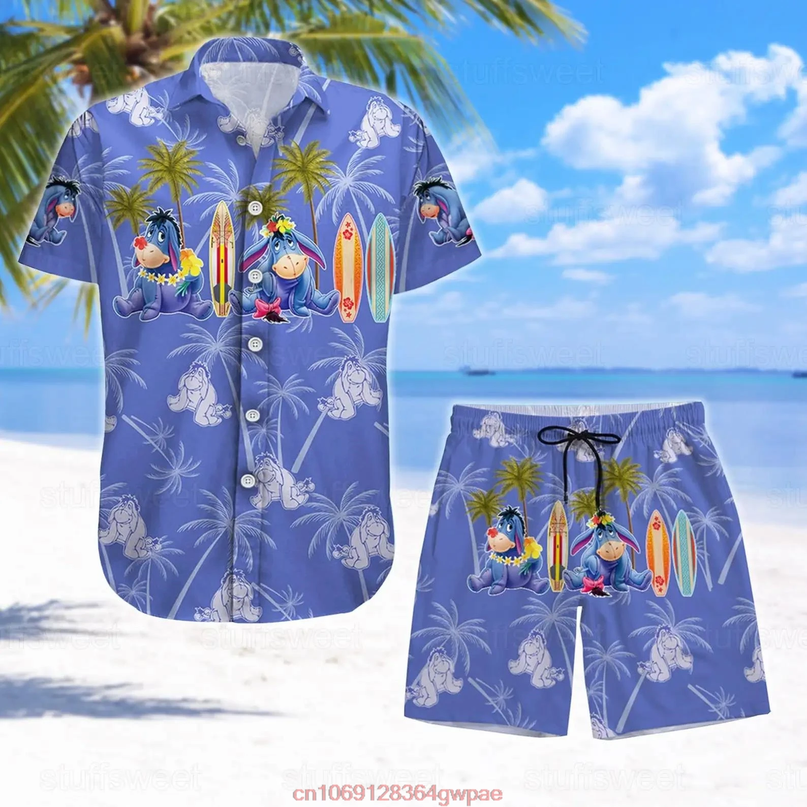 Disney Eeyore Hawaiian Shorts Shirt Set Disney Men's Short Sleeve Set Eeyore Beach Vacation Shirt Shorts Hawaiian Shirts