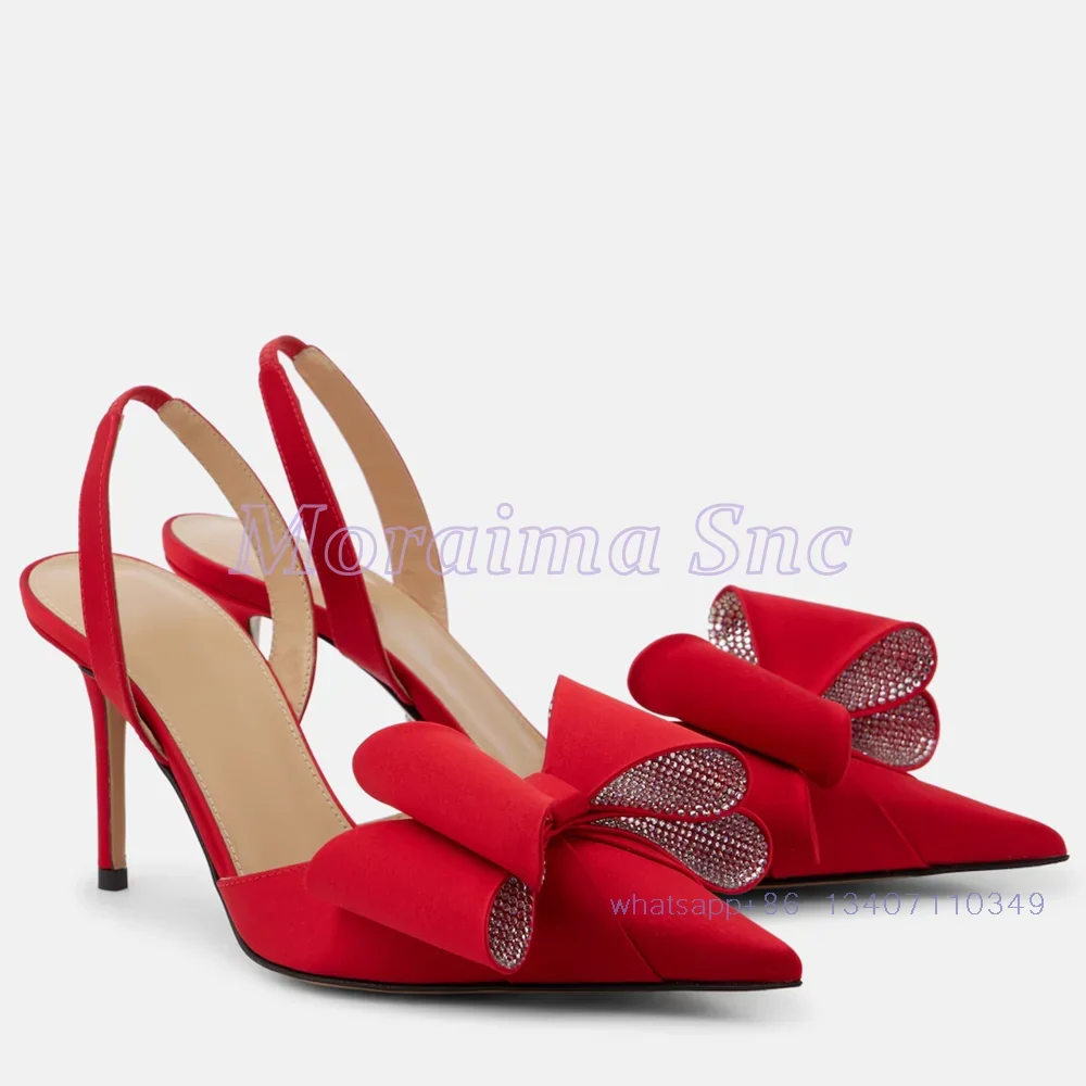 Crystal Bling Bow Detail Satin Pumps Pointed Toe Slingback Stiletto High Heels Women's Dress Shoes Summer Sandals Red Solid 2024