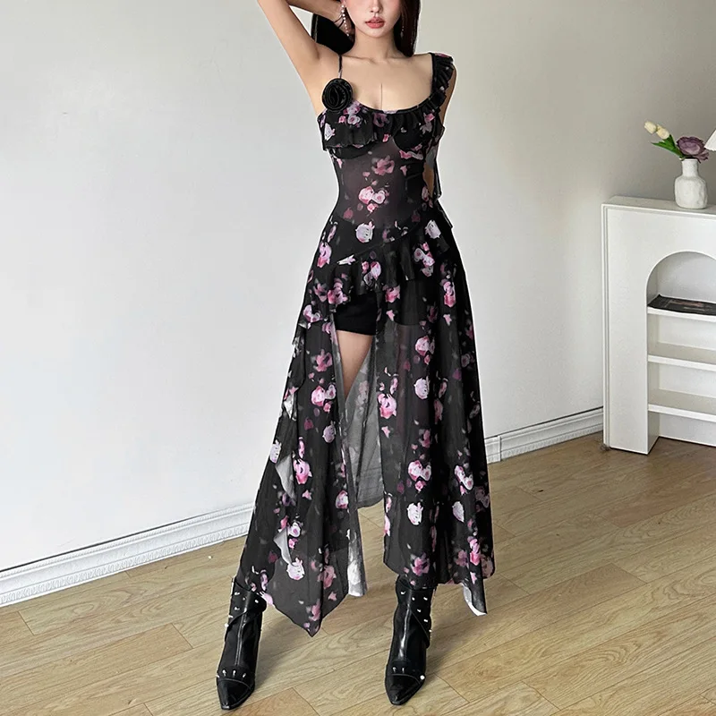ชุดสตรีลูกไม้Patchwork SHEER Camisชุดภาษาฝรั่งเศสคําไม่สม่ําเสมอเซ็กซี่ชุดแฟชั่นStreetwear Hollow OUT Rufflesชุด 2025 ใหม่