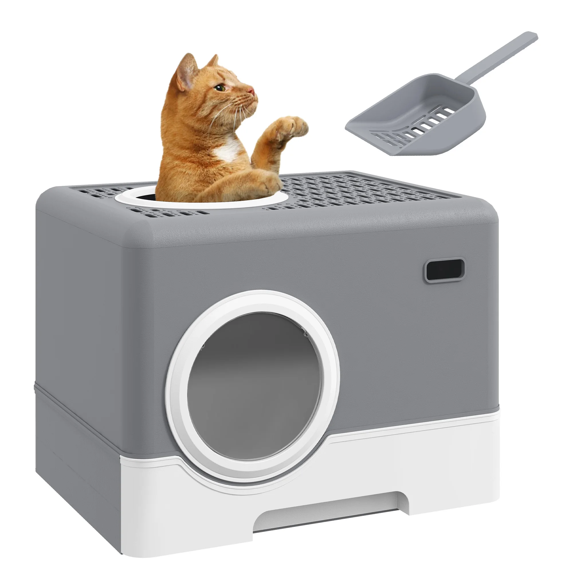 Pawhut Afgesloten Kattenbak, Kattenbak met Uitneembare Lade, Ingang aan de Voorzijde en Uitgang aan de Bovenkant, Schepje, Gemakkelijk Schoon te Maken, Anti-Lek, Grijs