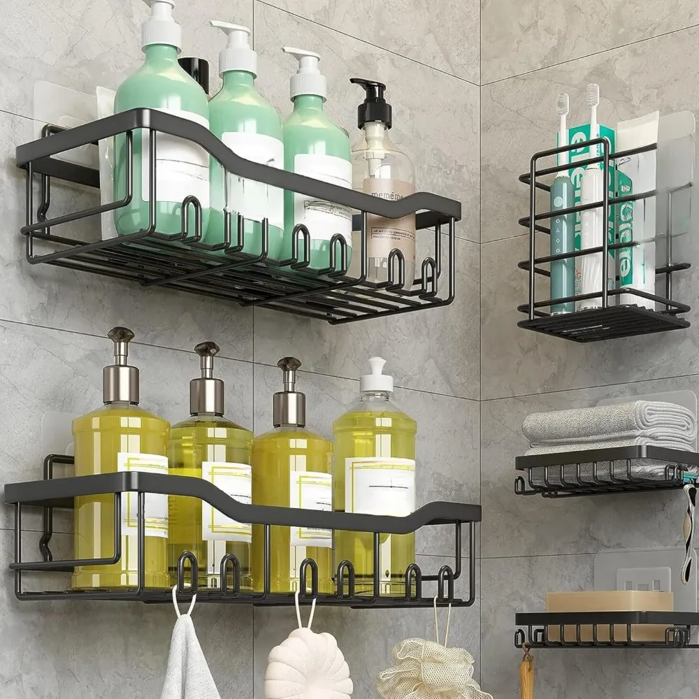 

Нержавеющий клейкий подвесной органайзер для душа, черный, 5 шт., органайзер для ванной комнаты без дрели с 20 крючками, держатель для мыла, 4 карабинами-пяткалами