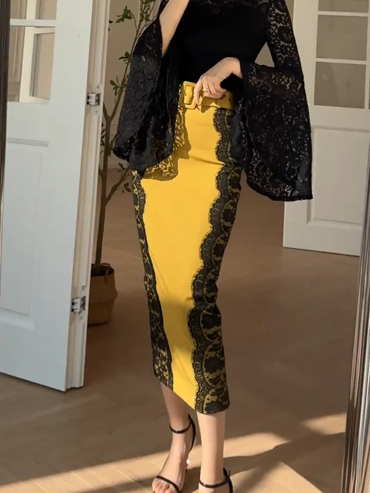 

Юбка-миди с запахом Ele Slimming для женщин, весна 2025, корейский стиль, для офиса, большие размеры, облегающая юбка