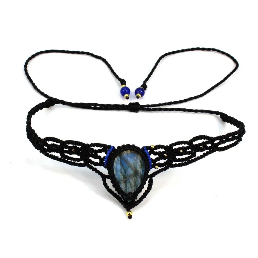 Collar con colgante de piedra de espectrolita trenzada para mujer, piedras preciosas de labradorita Natural, collares de cadena de macramé envueltos en cuerda hechos a mano