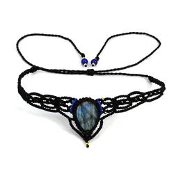 Braided Spectrolite Stone Pendant Necklace For Women Natural Labradorite Gemstone Handmade Rope Wrapped Macrame Chain Necklaces