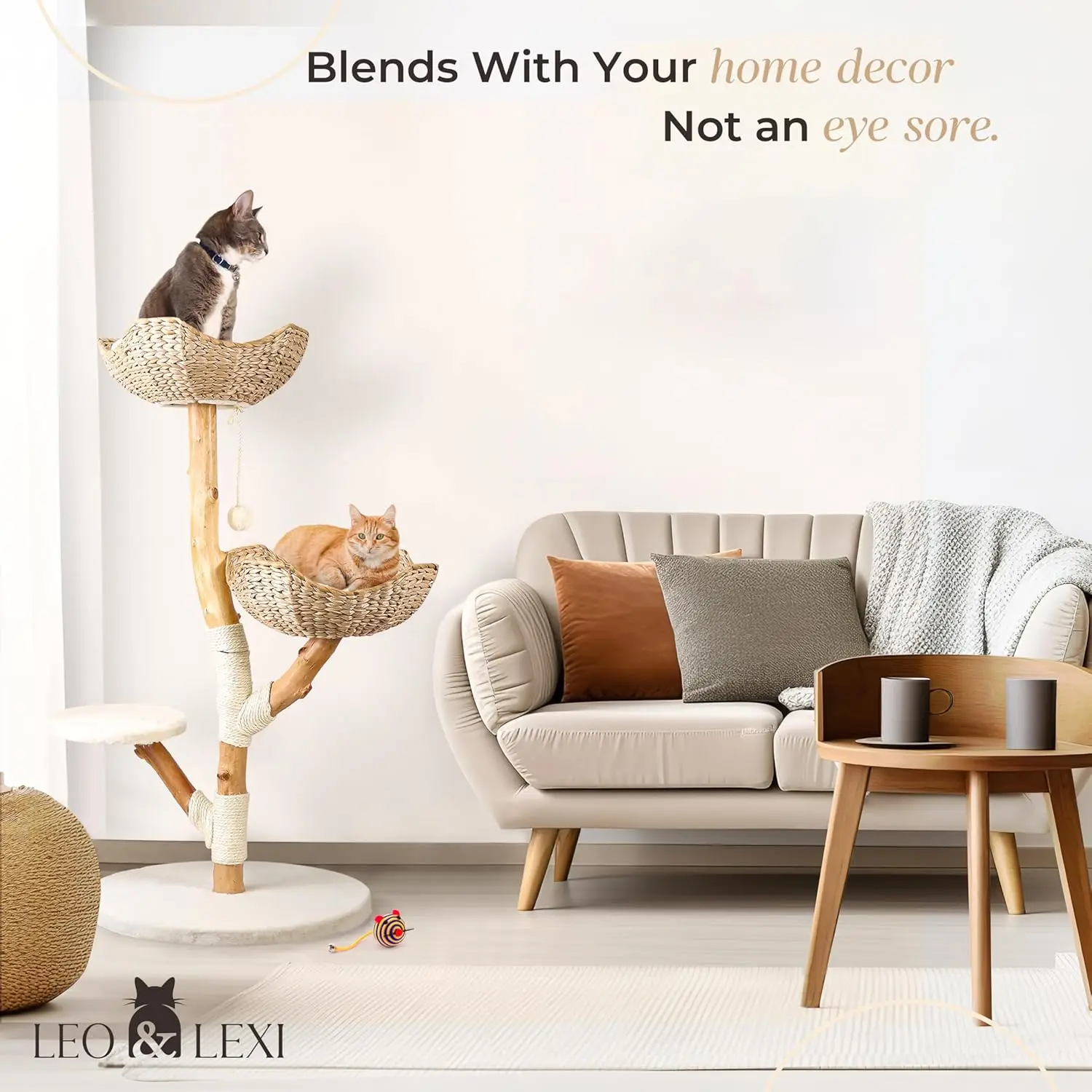 

Real Wood Modern Cat Tree Tower, Cat Scratching Post with Bed for Indoor Cats Large Adult, Solid Wooden Climbing Tower