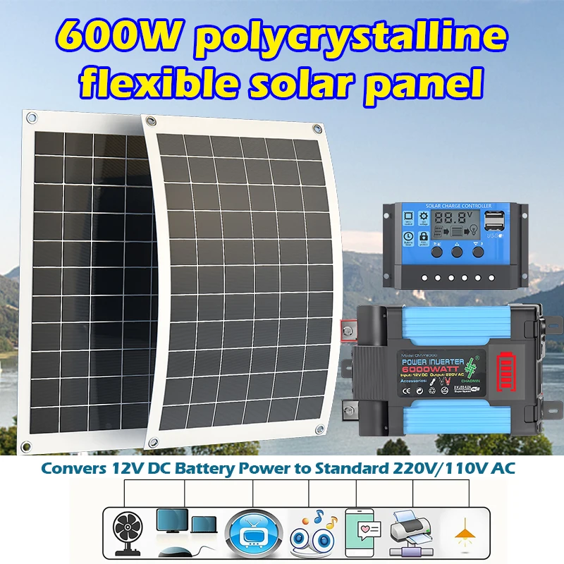 12V auf 110V/220V Off-Grid-Solarsystem 600W Solarmodul mit 6000W Wechselrichter und Laderegler für Zuhause, Camping und Notfälle