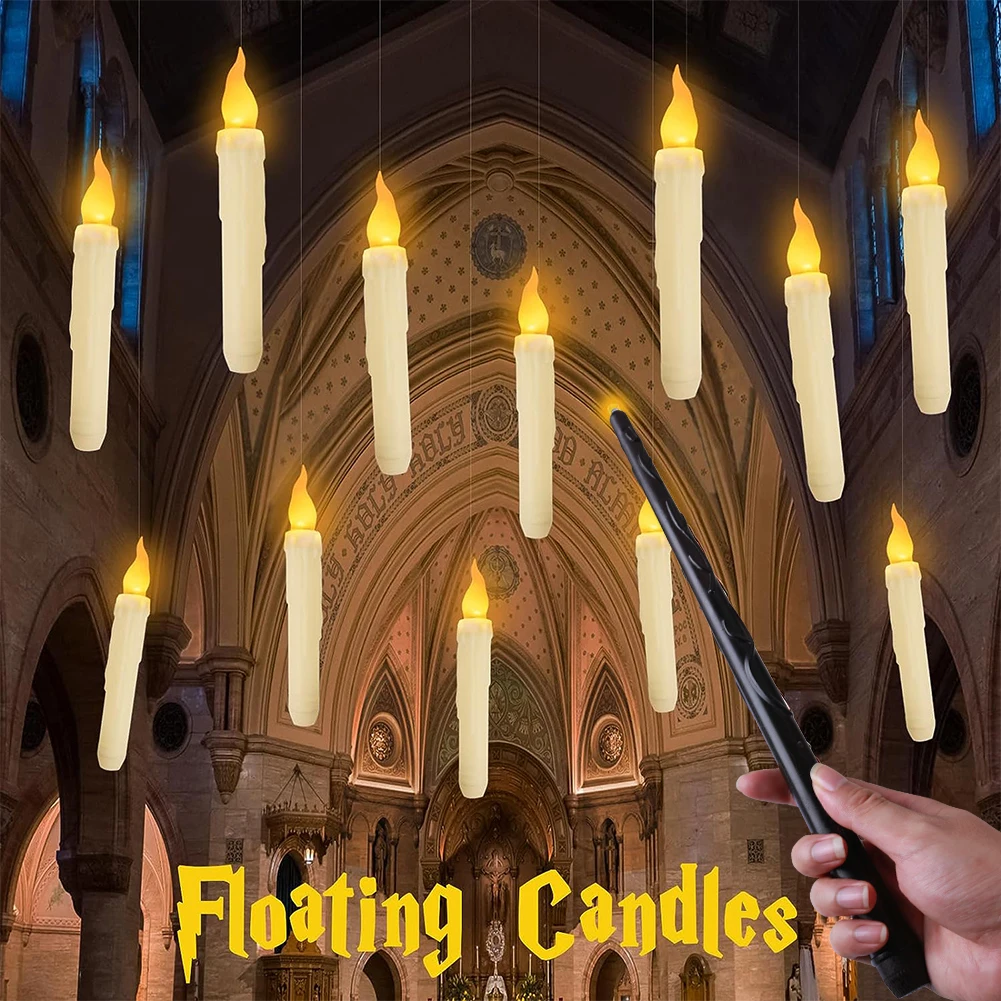 Halloween Floating Candles with Magic Wand Flickering Warm Light LED Flameless Candle Taper Candles for Christmas Party Home Party Decor