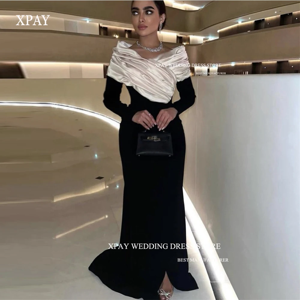 

XPAY Saudi Arabic Women Mermaid Black Vintage Evening Dresses Long Sleeves Split Classic Prom Gowns Formal Party Occasion Dress