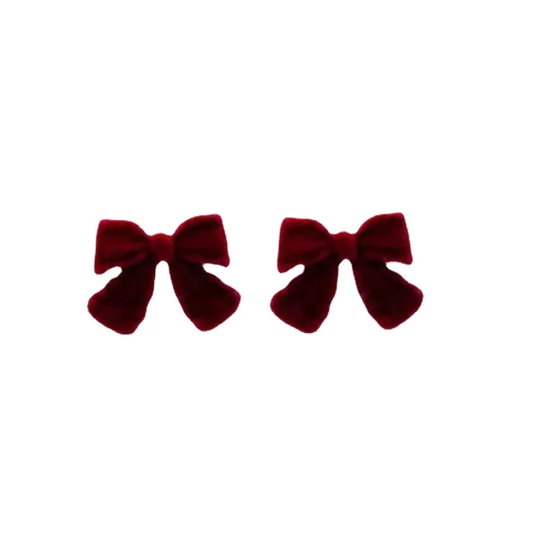 Vintage Wine Red Flocking Earrings Charm Geometric Bowknot Stud Earrings for Women Girls Fashion Unusual Jewelry Ear Accessories