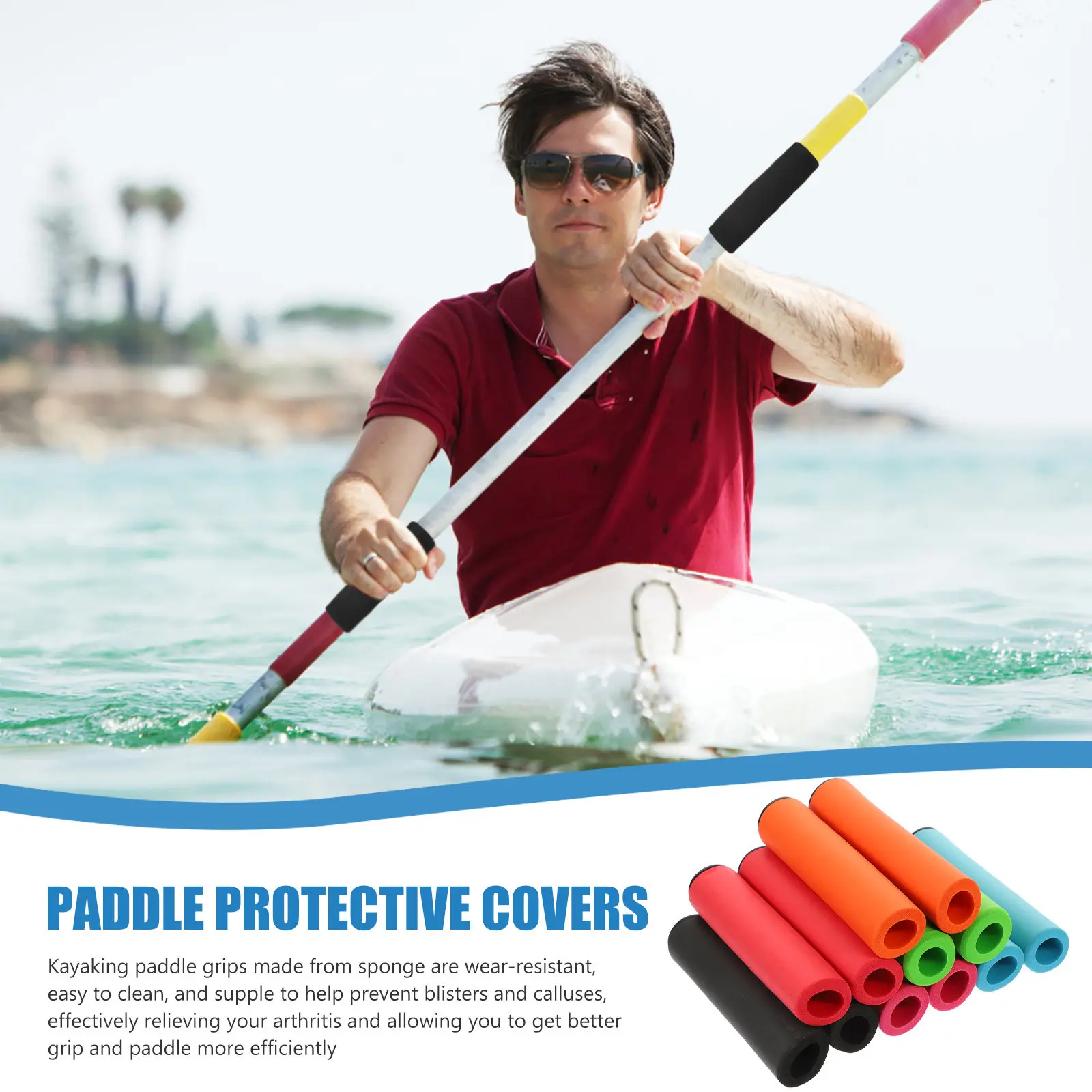 12Pcs Sponge Kayak Paddle Grips Anti-Slip Cushioned Handle Sleeves Professional Ergonomic Fit Blister Prevention Kayaking