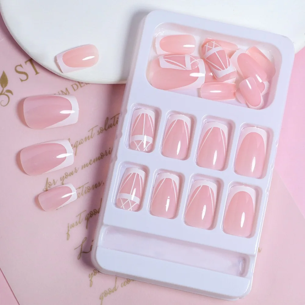 Imprensa francesa em unhas postiças para mulheres, cabeça quadrada, pontas de unhas postiças, comprimento médio, capa completa, moda