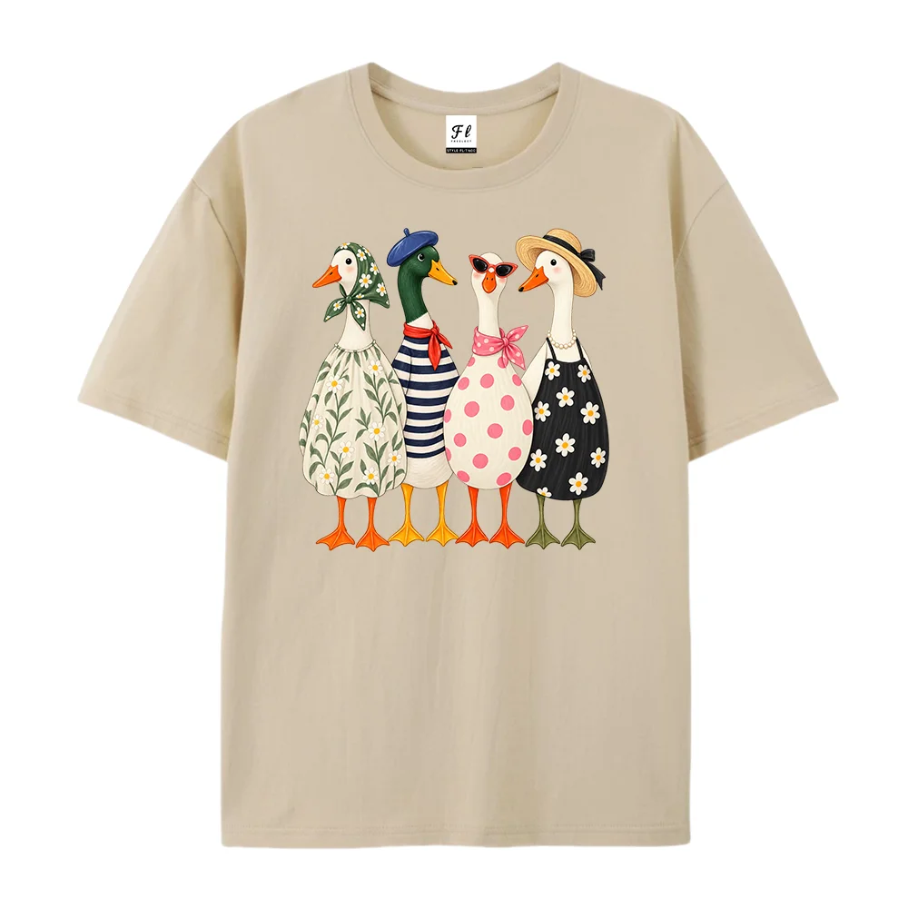 Women Cute Goose Duck Graphic T Shirt Vintage French Style Cottagecore Apricot Beige Oversized Loose Cotton Tops Casual