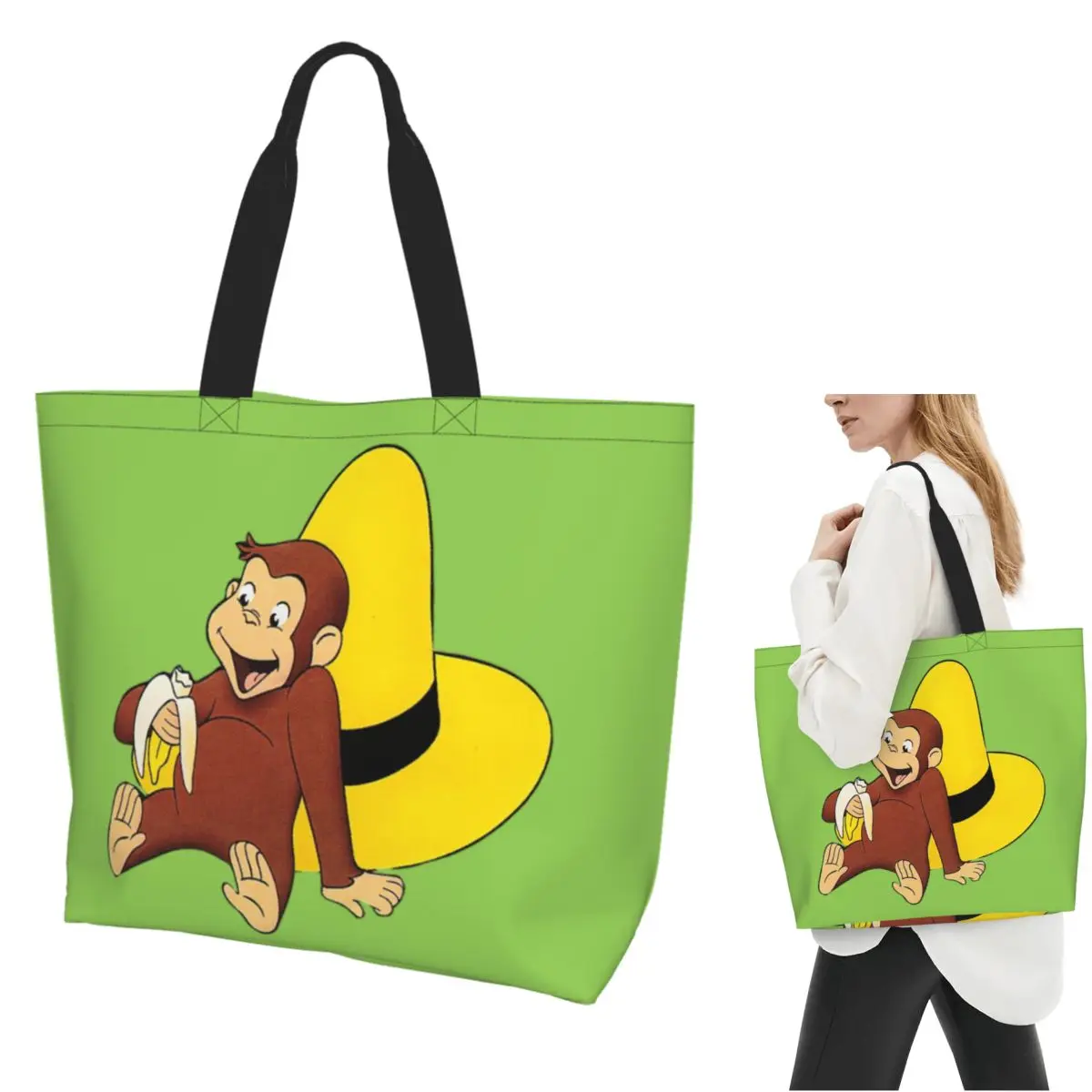 

Сумка-тоут для покупок Curious George, холщовая сумка на плечо большой вместимости, продуктовая сумка-шоппер для женщин