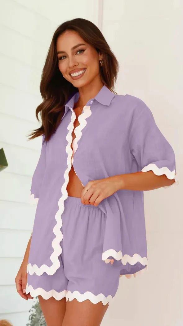

Two Piece Short Sets Women Summer Contrasting Color Casual Short Sleeve Shirt 2 Piece Set Shorts Fashion Loose Top Suit Outfites