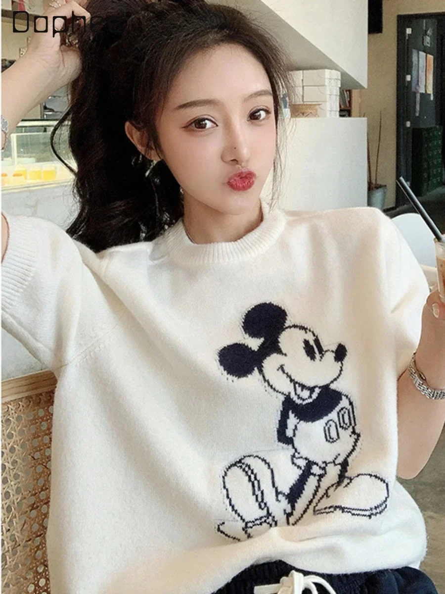 2022 Spring and Autumn New Loose Outer Wear Korean Style Short Sleeve T-shirt Knitted Top Cartoon Knitwear T-shirt for Women