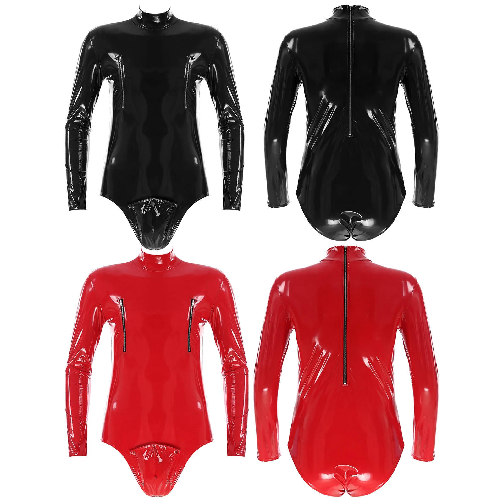 Mens Wetlook Leotard Fashion Long Sleeve Bodysuit Open Crotch Removable Bulge Pouch Patent Leather Catsuit for Clubwear Dancing