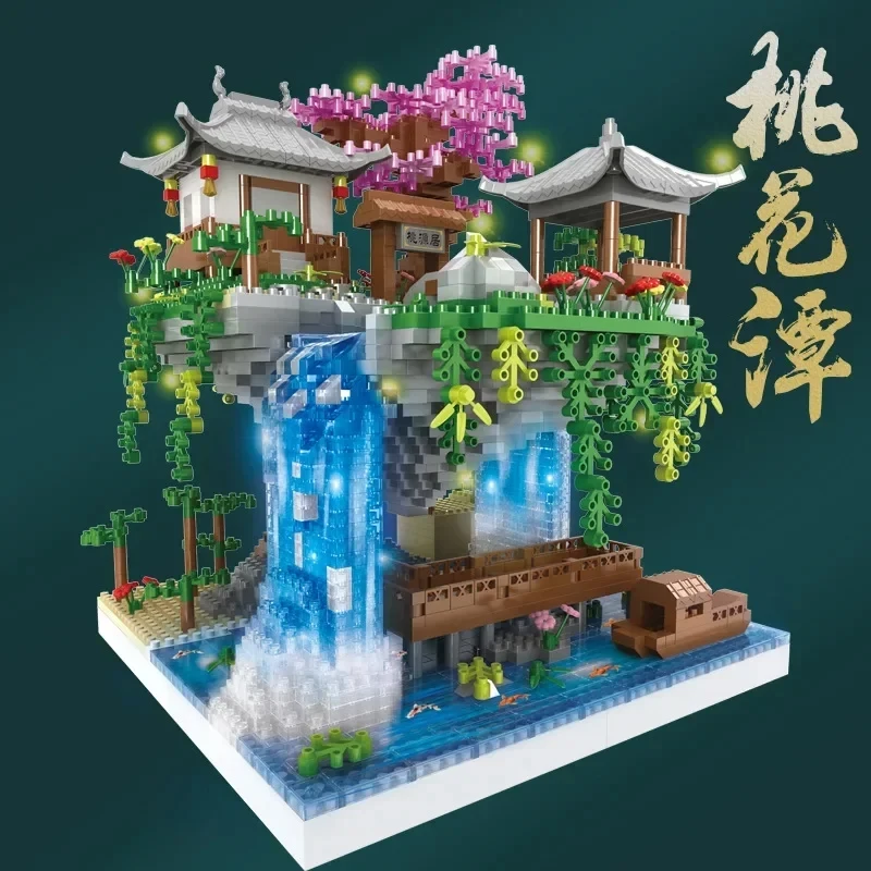 Blocos de construção de arquitetura urbana, mini casa de árvore, lago de flores de pêssego com conjunto de luz, brinquedo infantil, presente de feriado e natal