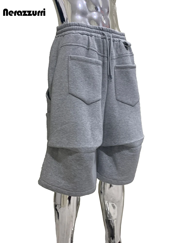 Summer Autumn Loose Casual Soft Grey Shorts for Men with Drawstring Elastic Waist Knee Length European Sweatpants Menswear 2025