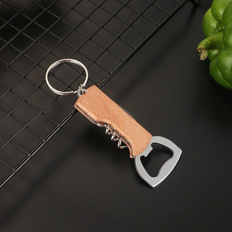 Creative Keychain Beer Bottle Opener Stainless Steel Multifunctional Wooden Handle Corkscrew Wine Opener Bar Party Accessories