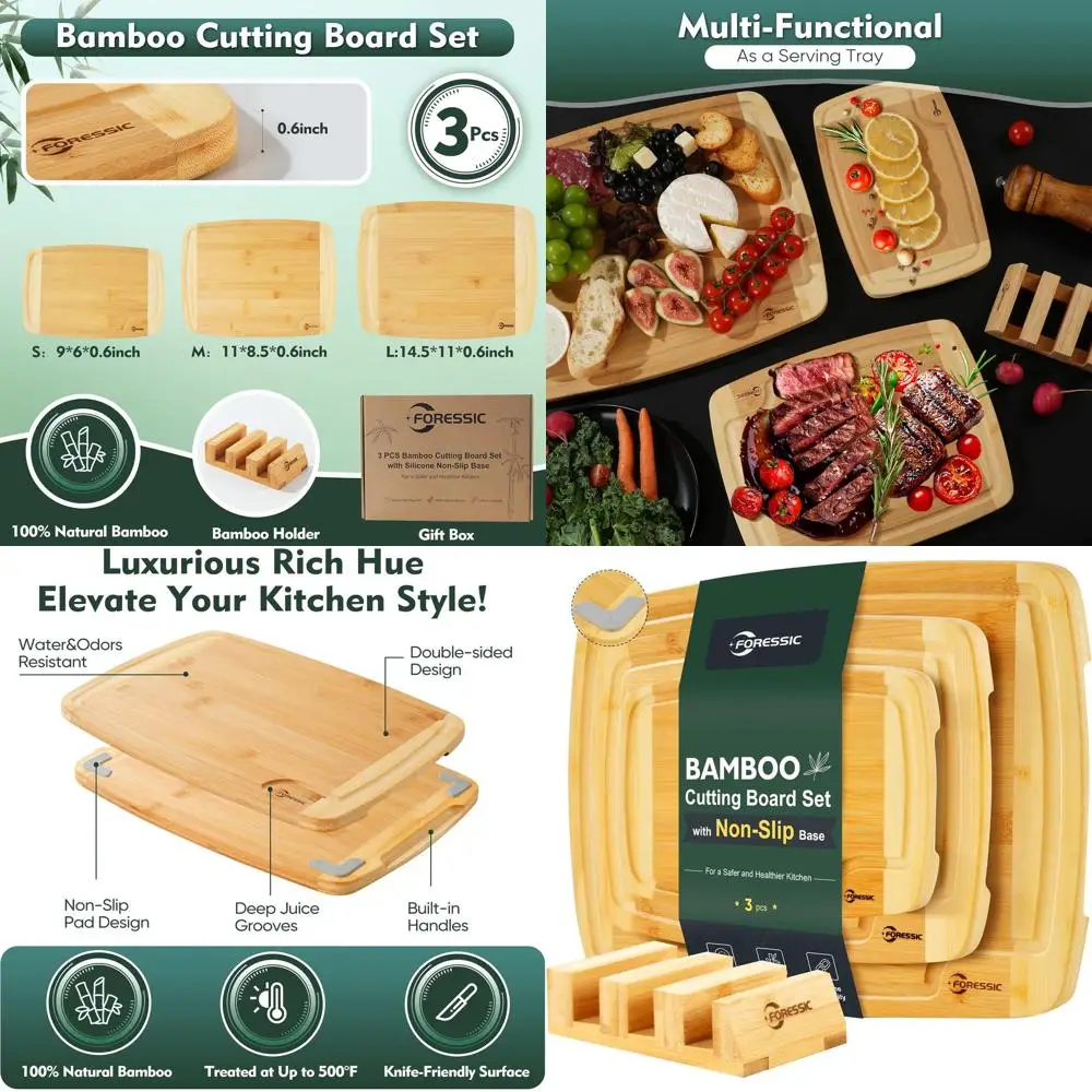 

Набор бамбуковых разделочных досок премиум-класса из трех предметов с противоскользящим основанием и держателем для кухни, идеально подходит для разделения овощей и фруктов