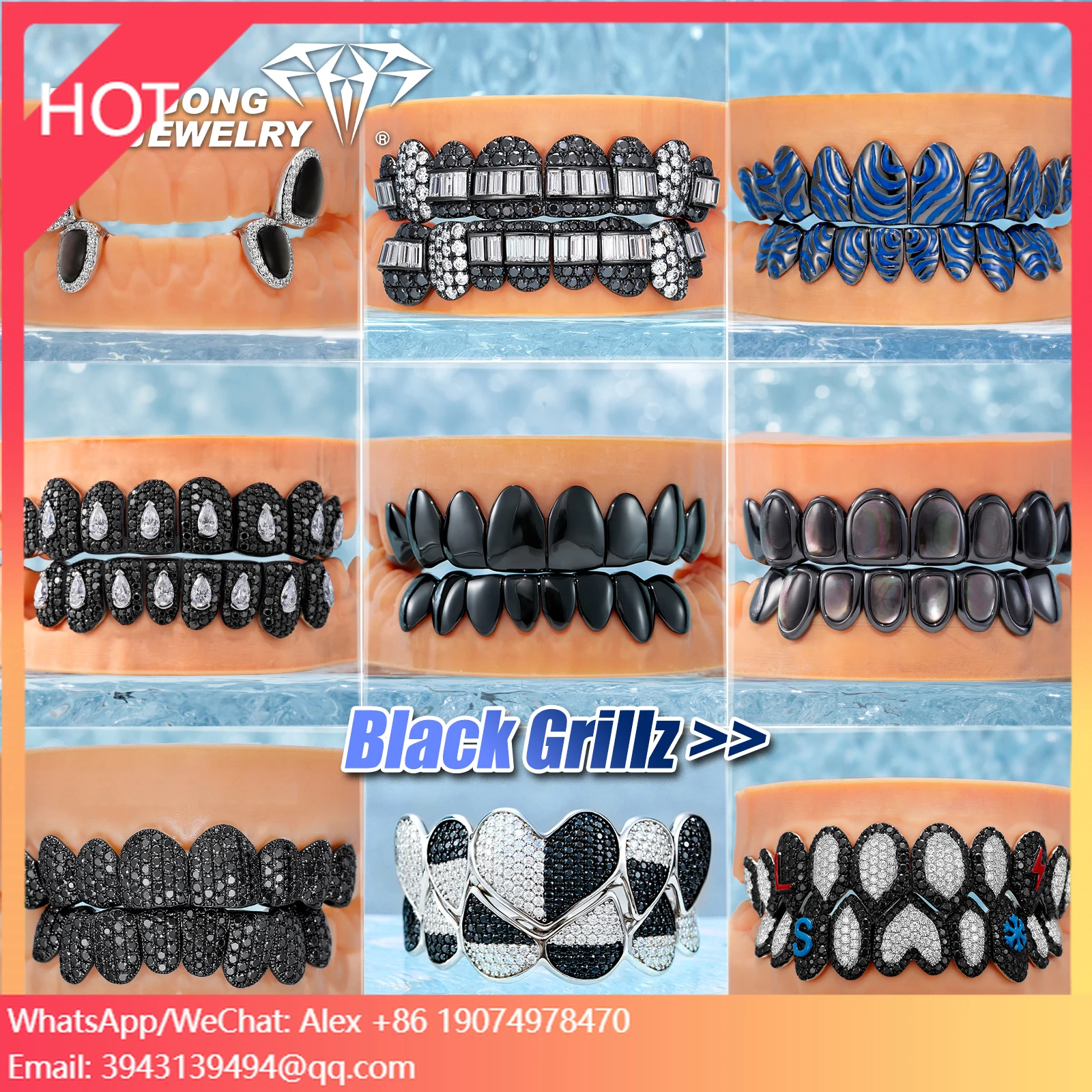 

Custom S925 Silver Teeth Grillz Black Collection 10K 14K 18K Fine Jewelry For Men & Women VVS Moissanite Diamond Teeth Grill