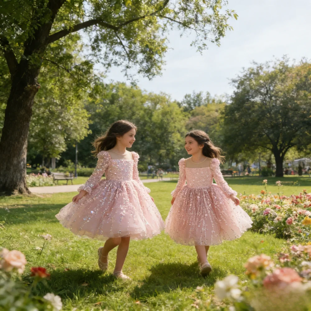 Elegant Dress for Girls Children Birthday Evening Party  Dresses Pink Shinny Sequin Clothes Matching Princess Ball Gown Formal