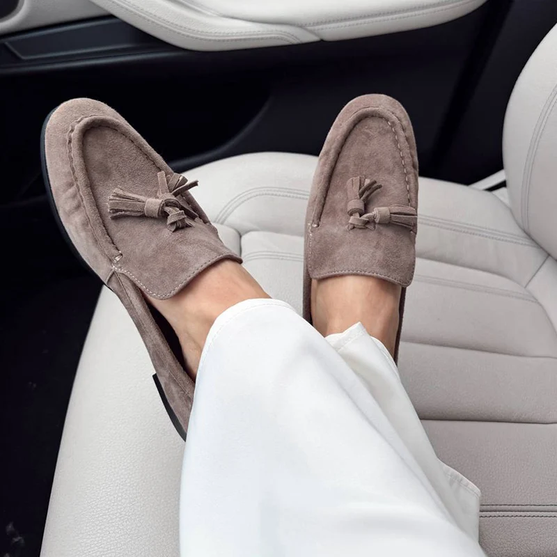 BEAUTODAY Casual Loafers Women Suede Leather Tassel Round Toe Slip On Sewing Flats Bussiness Ladies Shoes Handmade 26277