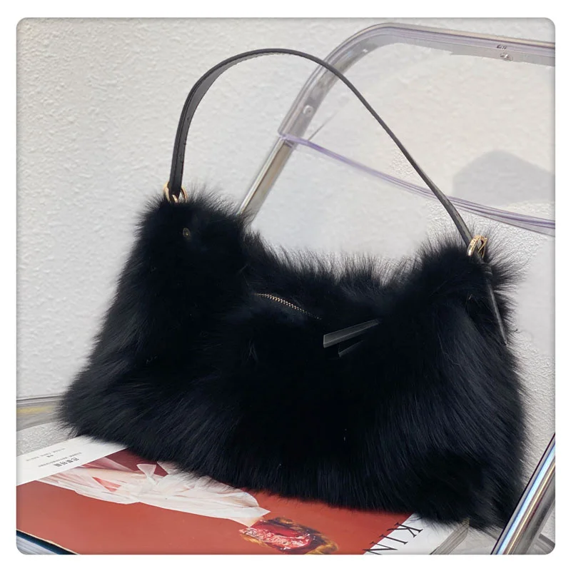 

Real Woman Fox Fur Bag Totes Bag Brand Party Shoulder Bag Ladies Hand Bags Designer Luxury Evening Bag Fur Leather Women's Bags