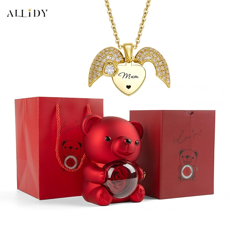 Eternal Rose Teddy Bear Jewelry Gift Box with Custom Engraved Name Angel Wings Heart Necklace