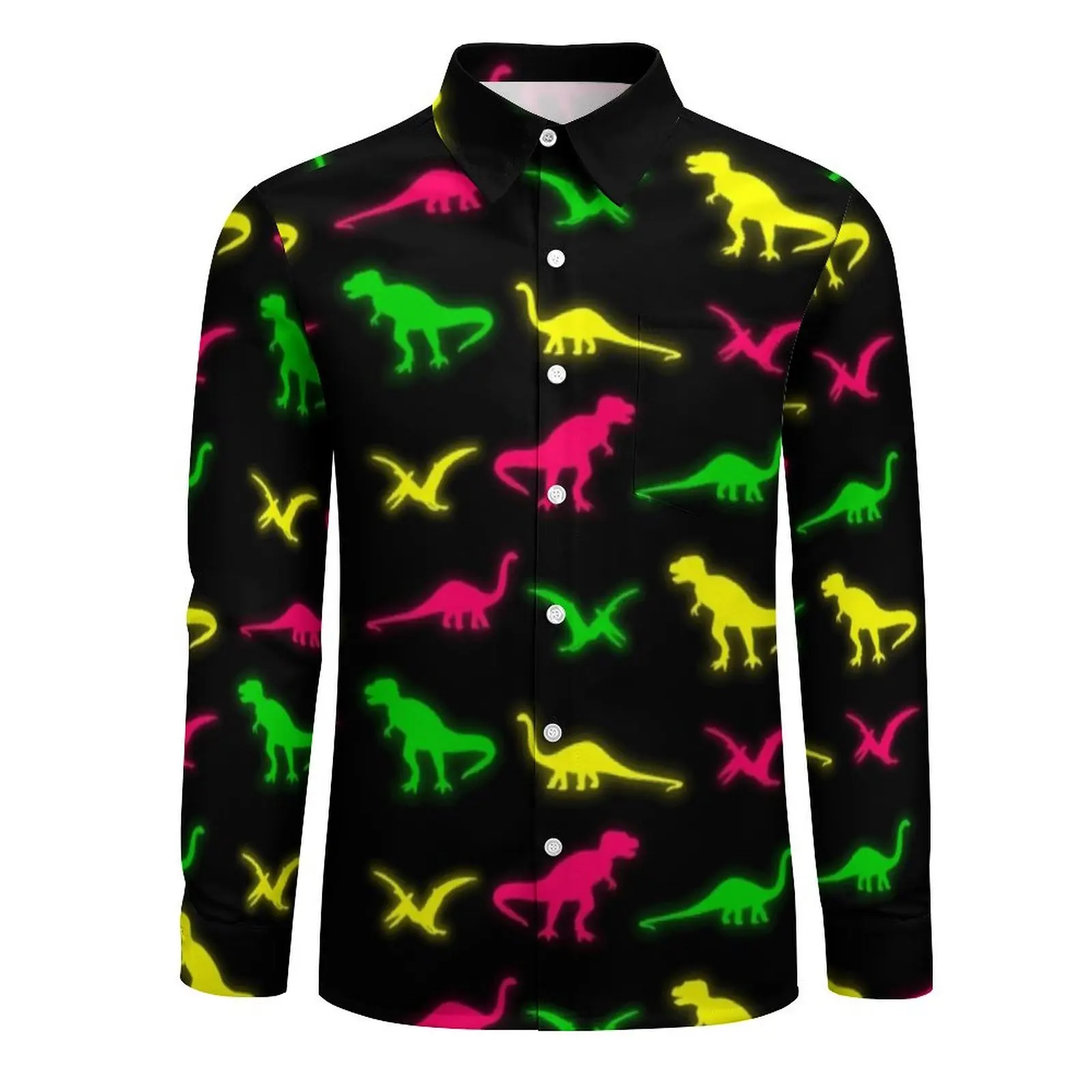 Neon Dinosaur Casual Shirt Male Colorful Animal Print Y2K Street Shirt Autumn Vintage Blouse Long Sleeve Custom Oversized Tops