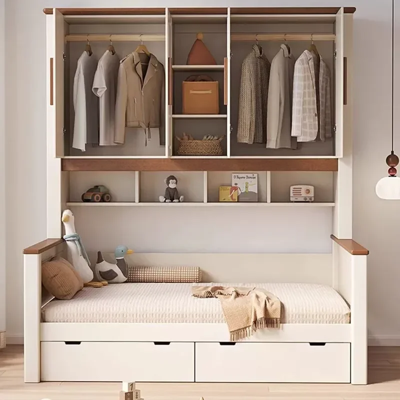 Multifunctional Solid Wood Children's Bed with Wardrobe Locker and Drawer Tatami Style Sofa Bed Combination for Small