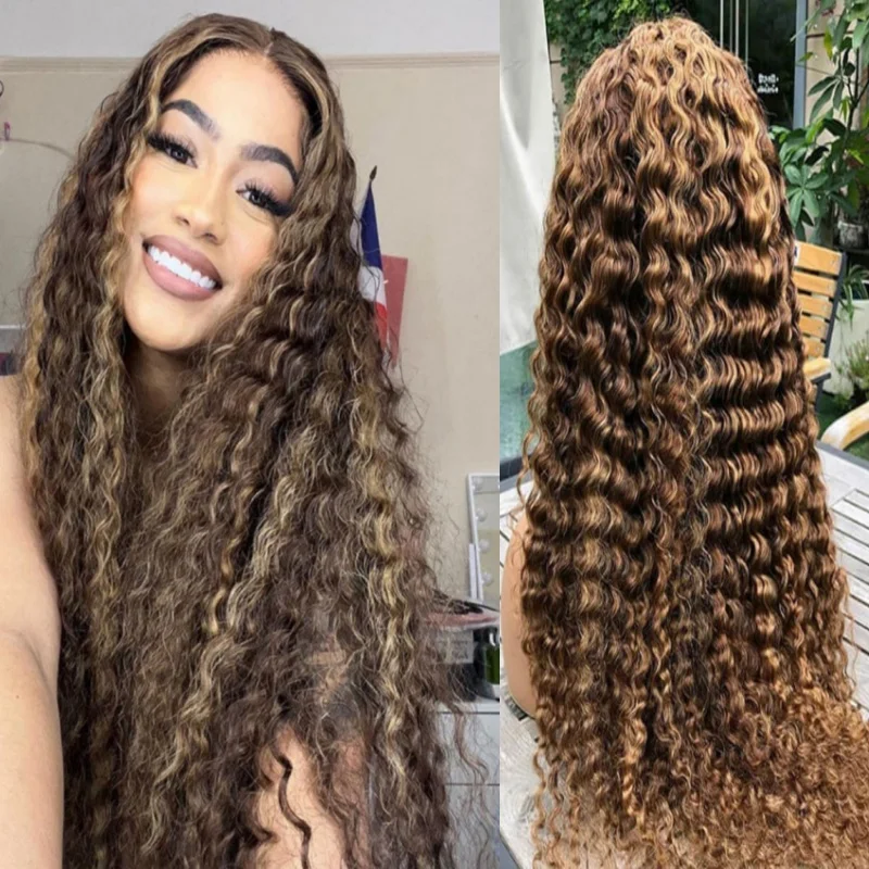 Curly Lace Front Human Hair Wigs 13x4 13x6 Ombre Color Highlight Honey 4/27 250% Density 36 Inch Deep Water Wave Frontal Wigs